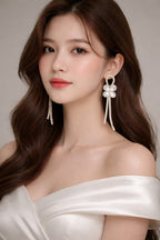 Gold Plated Floral Pearl & Crystal Long Tassel Earrings – Elegant Partywear