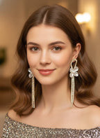 Gold Plated Floral Pearl & Crystal Long Tassel Earrings – Elegant Partywear