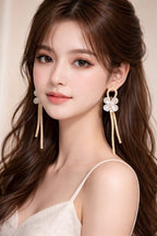 Gold Plated Floral Pearl & Crystal Long Tassel Earrings – Elegant Partywear