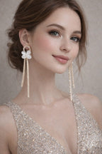 Gold Plated Floral Pearl & Crystal Long Tassel Earrings – Elegant Partywear