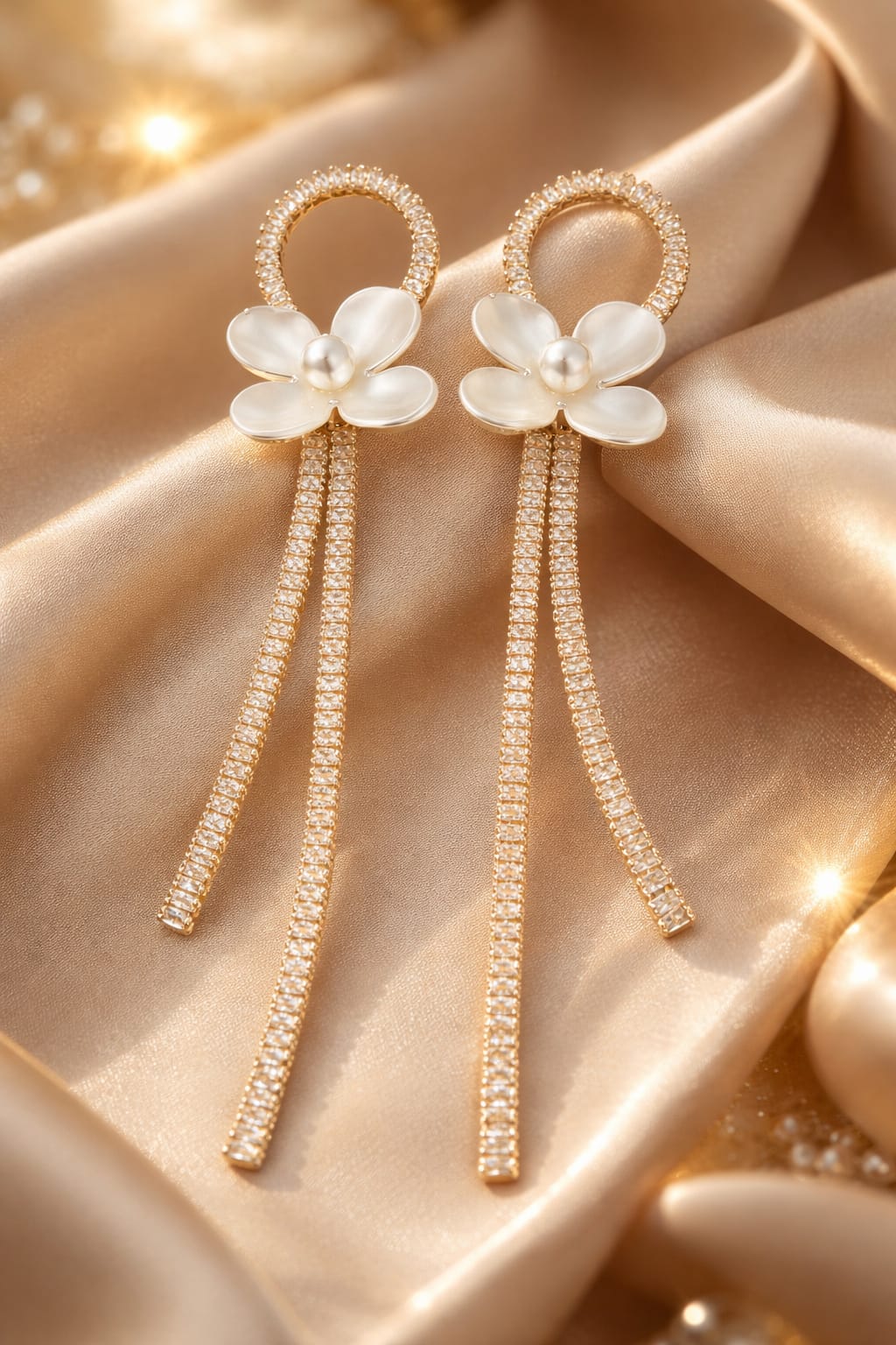 Gold Plated Floral Pearl & Crystal Long Tassel Earrings – Elegant Partywear