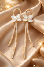 Gold Plated Floral Pearl & Crystal Long Tassel Earrings – Elegant Partywear