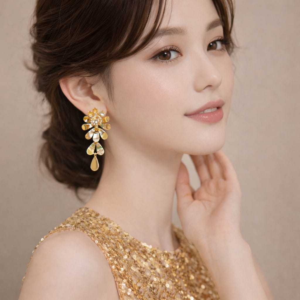 Anti-Tarnish Gold-Tone Floral Drop Earrings with Crystal & Teardrop Dangle
