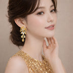 Anti-Tarnish Gold-Tone Floral Drop Earrings with Crystal & Teardrop Dangle
