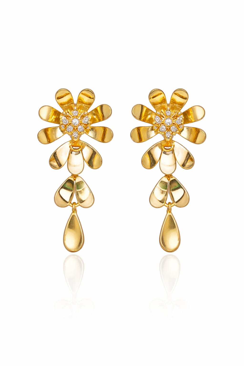 Anti-Tarnish Gold-Tone Floral Drop Earrings with Crystal & Teardrop Dangle