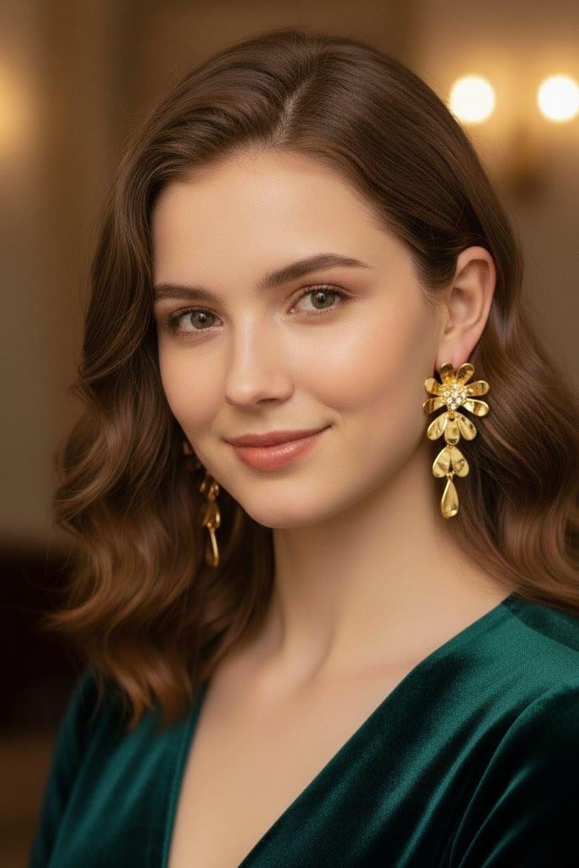 Anti-Tarnish Gold-Tone Floral Drop Earrings with Crystal & Teardrop Dangle