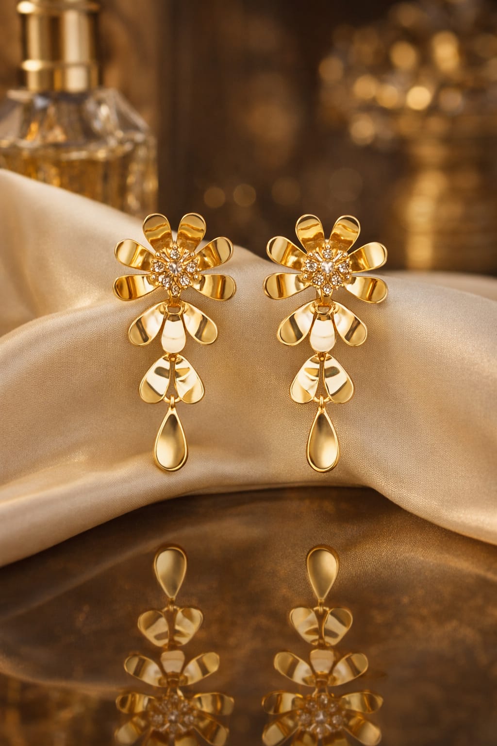Anti-Tarnish Gold-Tone Floral Drop Earrings with Crystal & Teardrop Dangle