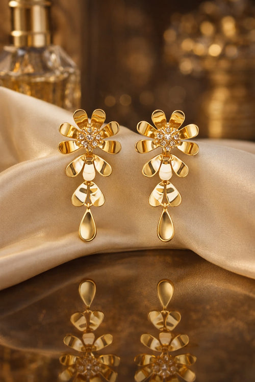 Anti-Tarnish Gold-Tone Floral Drop Earrings with Crystal & Teardrop Dangle