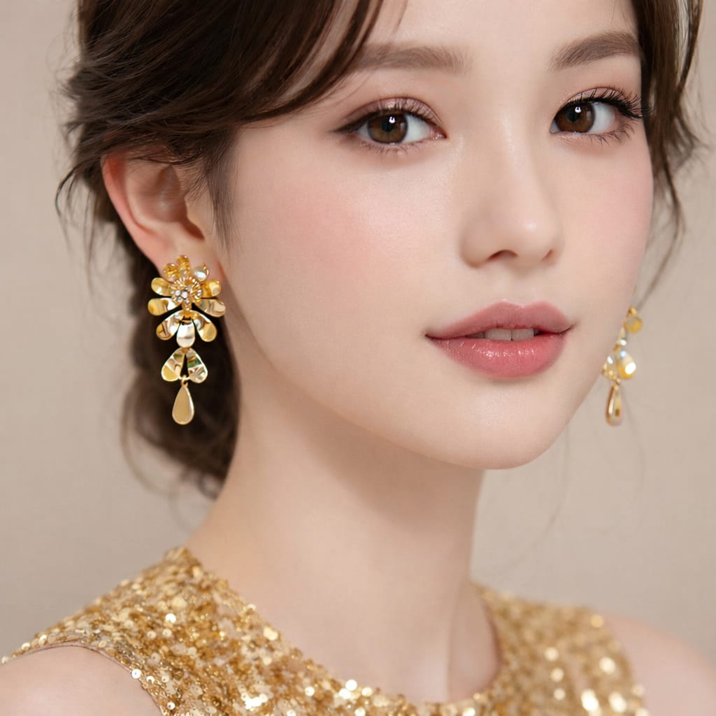 Anti-Tarnish Gold-Tone Floral Drop Earrings with Crystal & Teardrop Dangle