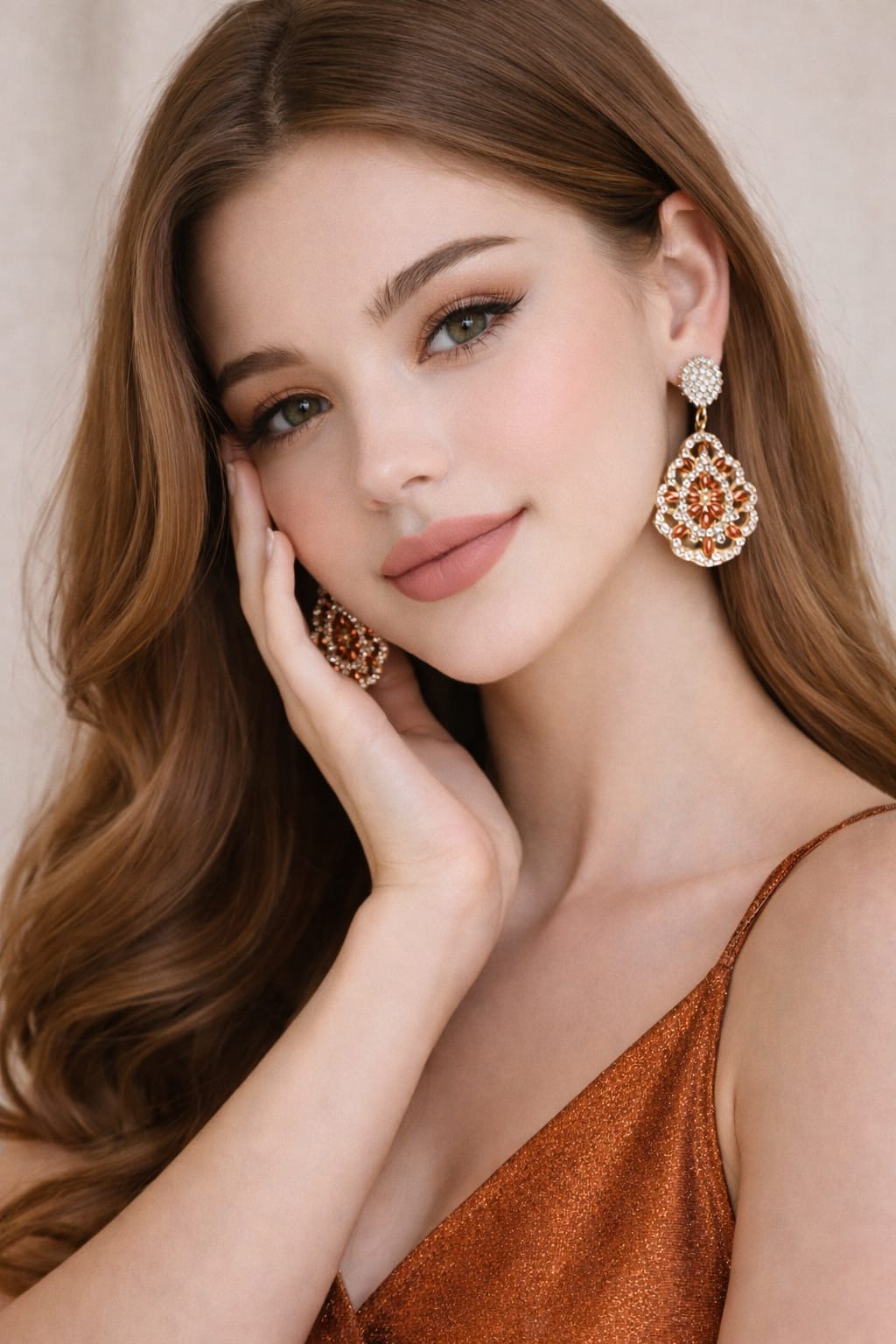 Rose Gold Plated Floral Drop Earrings with Orange & White CZ – Partywear Statement