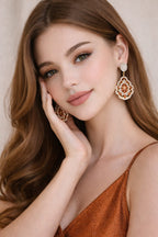 Rose Gold Plated Floral Drop Earrings with Orange & White CZ – Partywear Statement