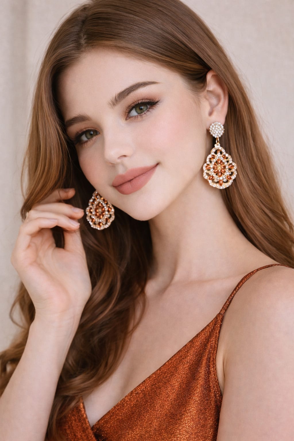 Rose Gold Plated Floral Drop Earrings with Orange & White CZ – Partywear Statement
