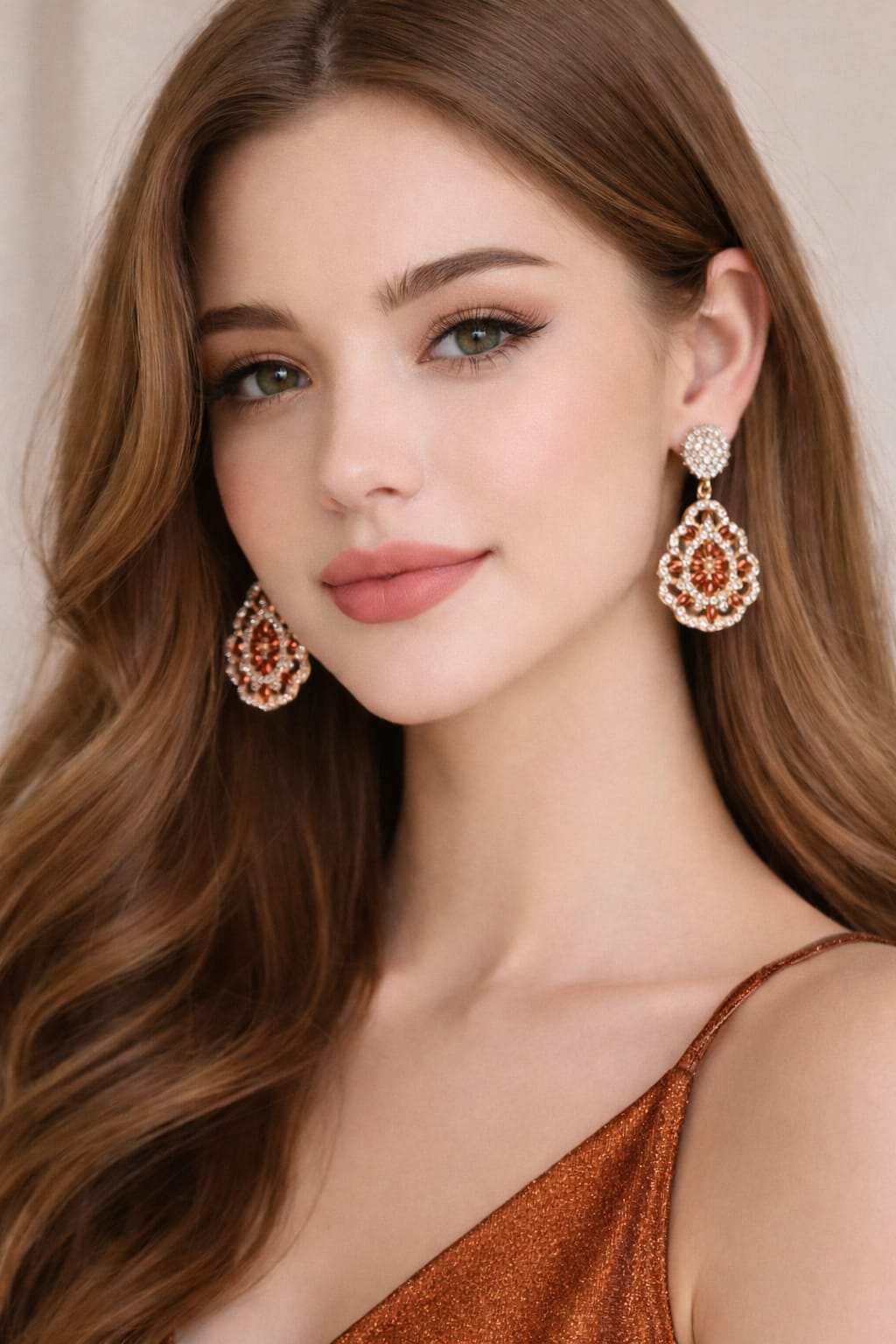 Rose Gold Plated Floral Drop Earrings with Orange & White CZ – Partywear Statement