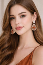 Rose Gold Plated Floral Drop Earrings with Orange & White CZ – Partywear Statement
