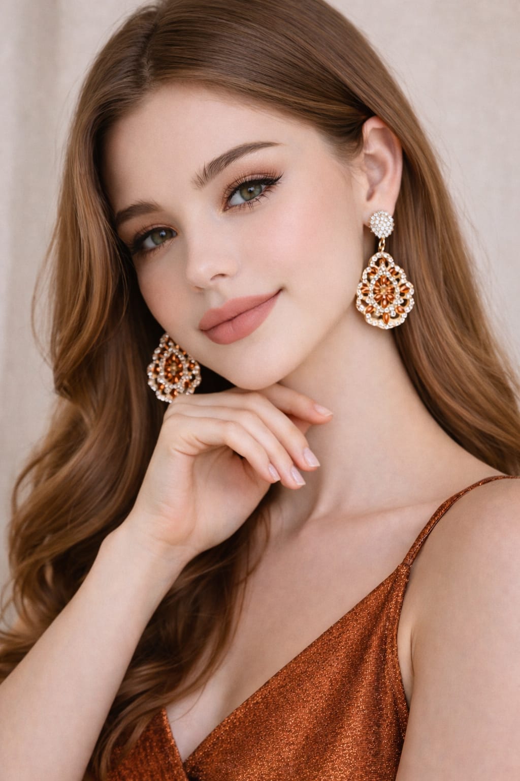 Rose Gold Plated Floral Drop Earrings with Orange & White CZ – Partywear Statement