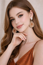 Rose Gold Plated Floral Drop Earrings with Orange & White CZ – Partywear Statement