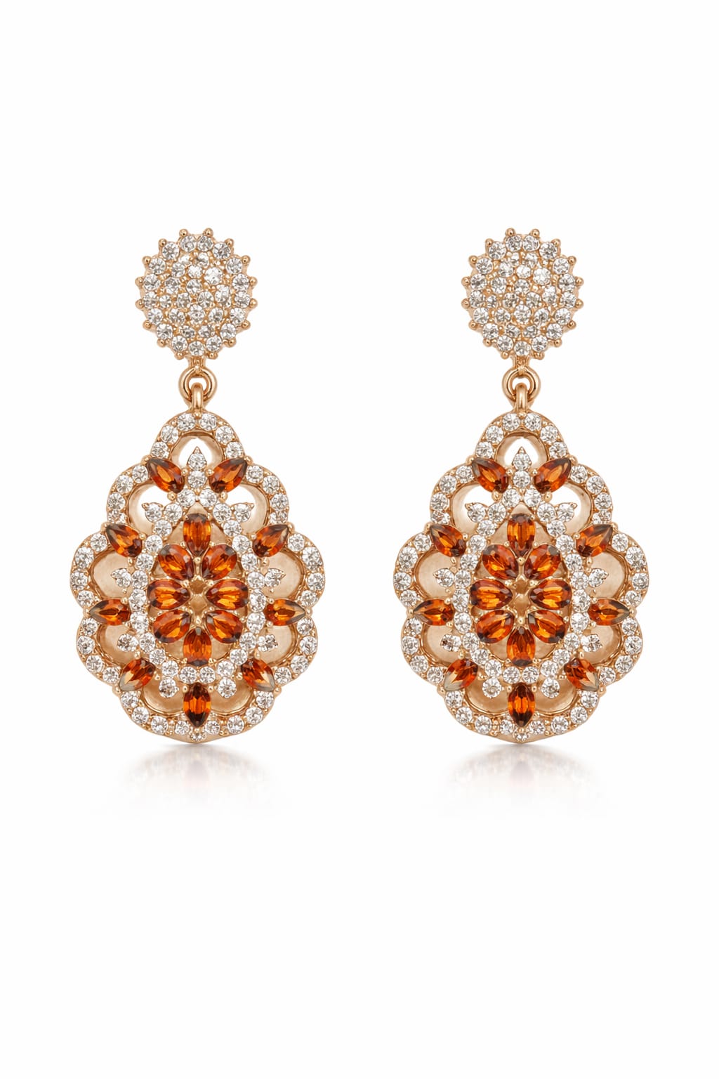 Rose Gold Plated Floral Drop Earrings with Orange & White CZ – Partywear Statement