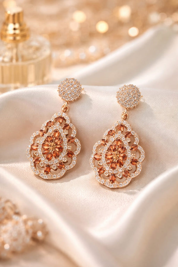 Rose Gold Plated Floral Drop Earrings with Orange & White CZ – Partywear Statement