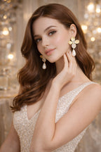 Elegant Gold Floral Pearl Drop Earrings with CZ – Luxury Party & Wedding Statement