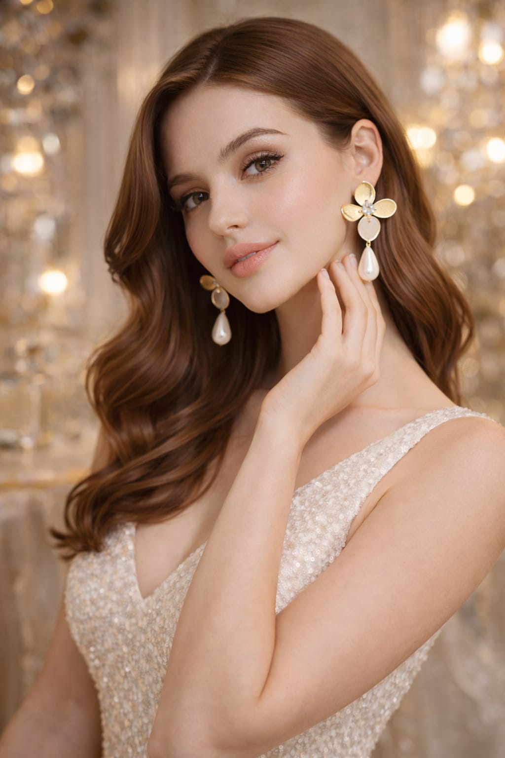 Elegant Gold Floral Pearl Drop Earrings with CZ – Luxury Party & Wedding Statement