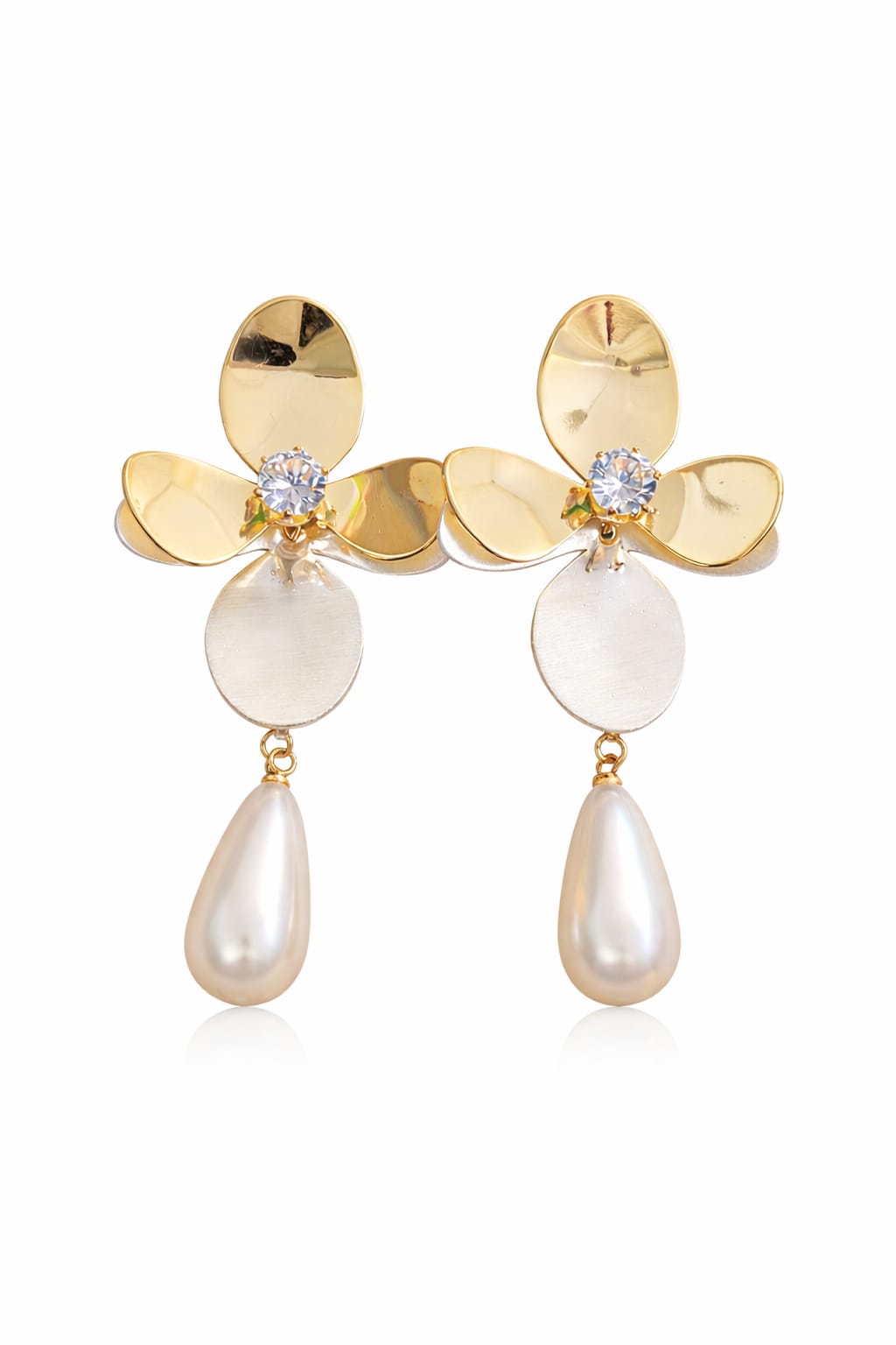 Elegant Gold Floral Pearl Drop Earrings with CZ – Luxury Party & Wedding Statement