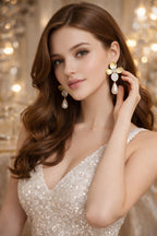 Elegant Gold Floral Pearl Drop Earrings with CZ – Luxury Party & Wedding Statement