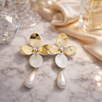 Elegant Gold Floral Pearl Drop Earrings with CZ – Luxury Party & Wedding Statement