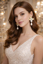 Elegant Gold Floral Pearl Drop Earrings with CZ – Luxury Party & Wedding Statement