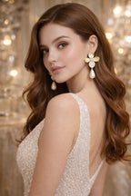 Elegant Gold Floral Pearl Drop Earrings with CZ – Luxury Party & Wedding Statement