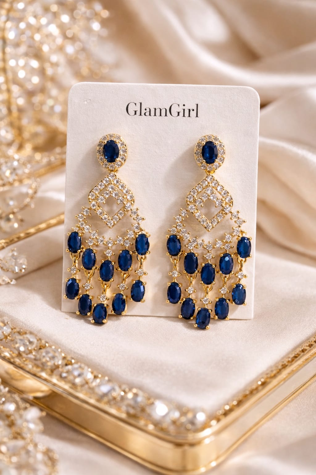 GlamGirl Blue Sapphire Crystal Chandelier Earrings – Gold-Plated Statement Drop