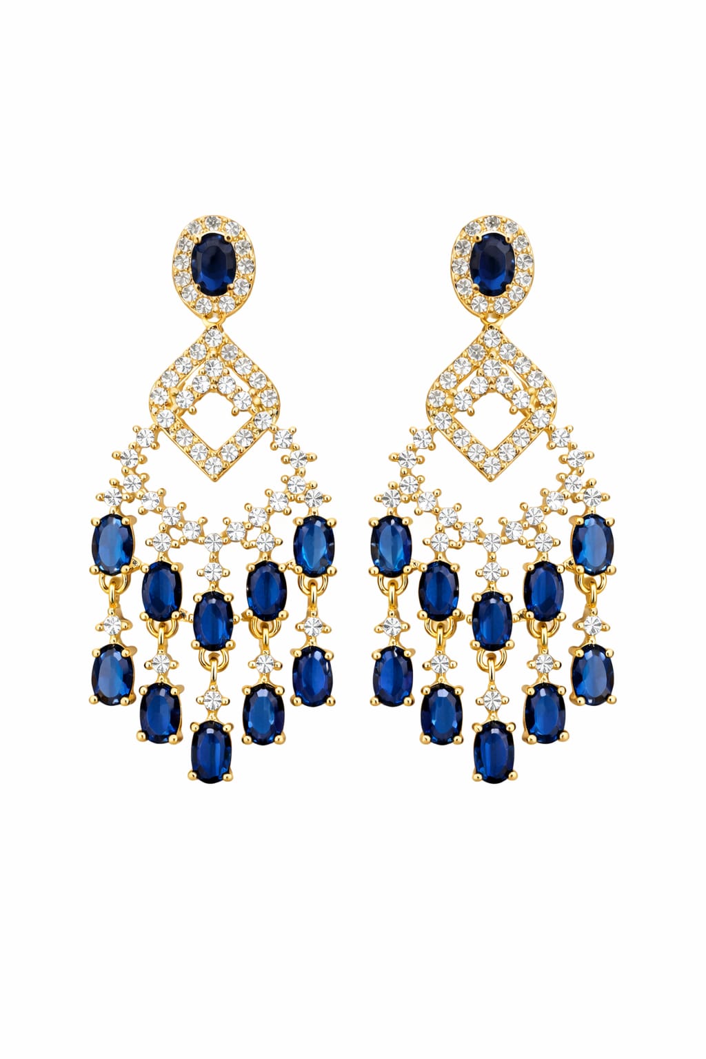 GlamGirl Blue Sapphire Crystal Chandelier Earrings – Gold-Plated Statement Drop