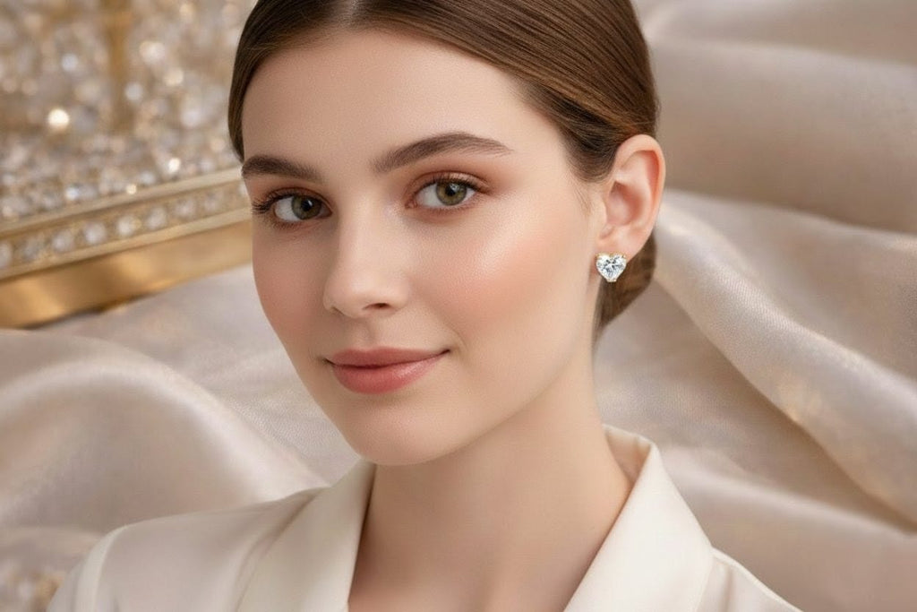 GlamGirl Heart-Shaped CZ Stud Earrings – Gold-Plated Elegant Statement