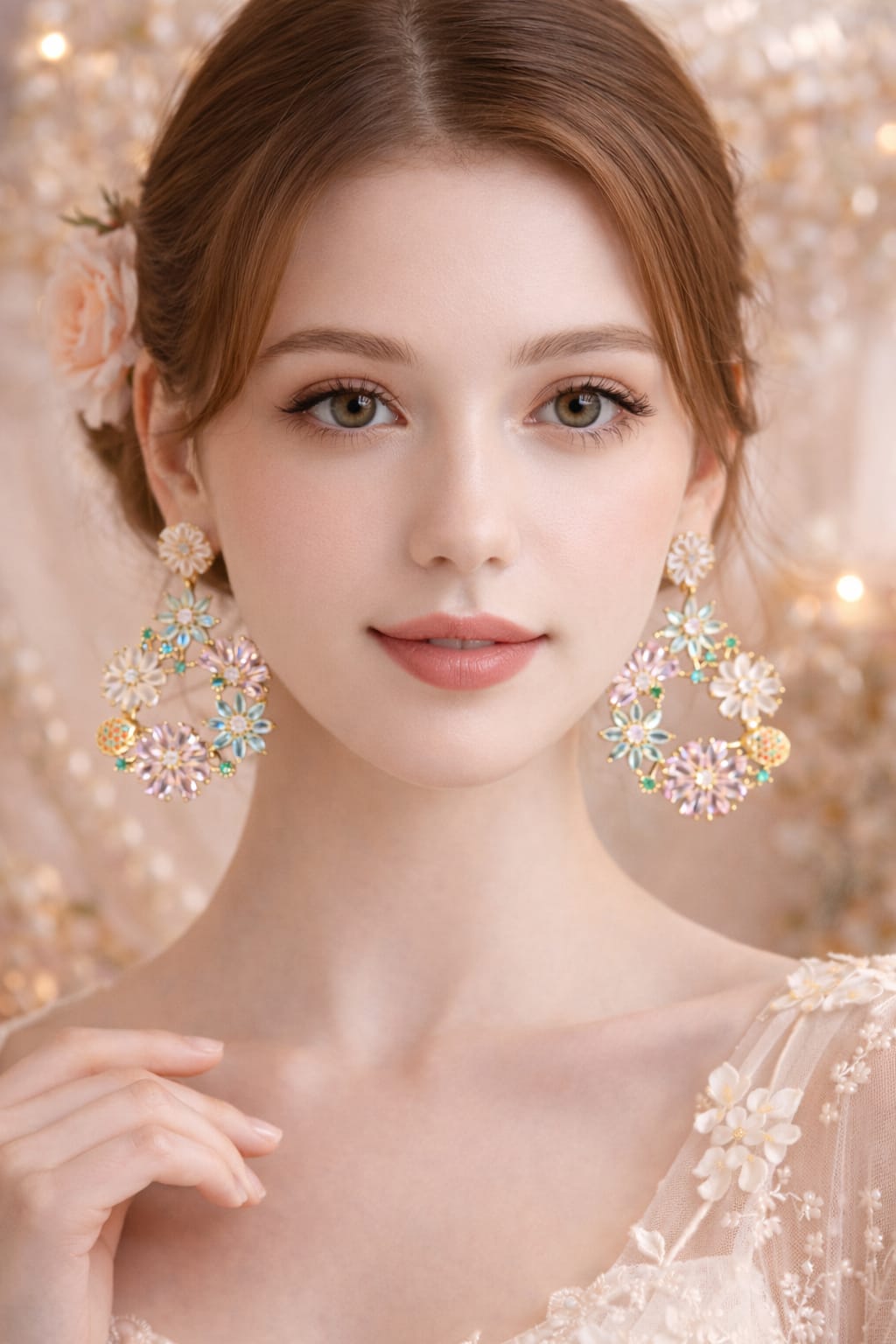 Gold Plated Floral Chandelier Earrings – Pastel Pink & Mint Green Crystal Drop