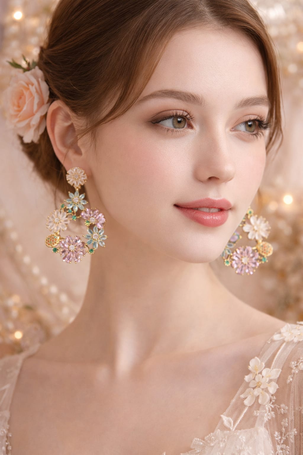 Gold Plated Floral Chandelier Earrings – Pastel Pink & Mint Green Crystal Drop
