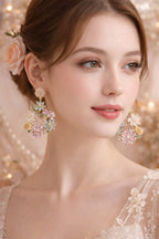 Gold Plated Floral Chandelier Earrings – Pastel Pink & Mint Green Crystal Drop