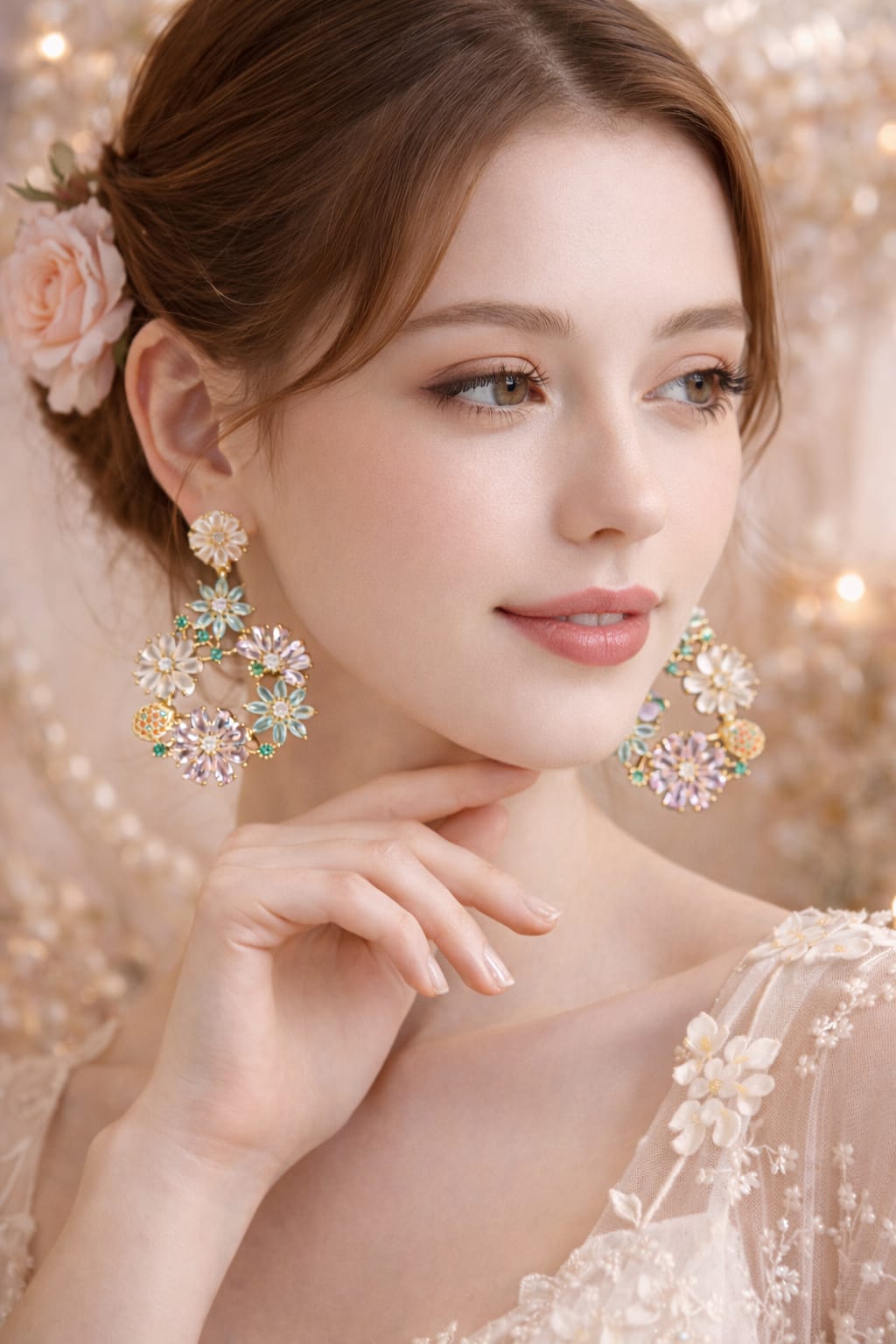 Gold Plated Floral Chandelier Earrings – Pastel Pink & Mint Green Crystal Drop