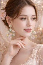Gold Plated Floral Chandelier Earrings – Pastel Pink & Mint Green Crystal Drop