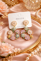 Gold Plated Floral Chandelier Earrings – Pastel Pink & Mint Green Crystal Drop