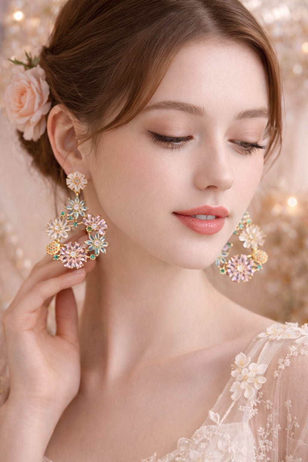Gold Plated Floral Chandelier Earrings – Pastel Pink & Mint Green Crystal Drop