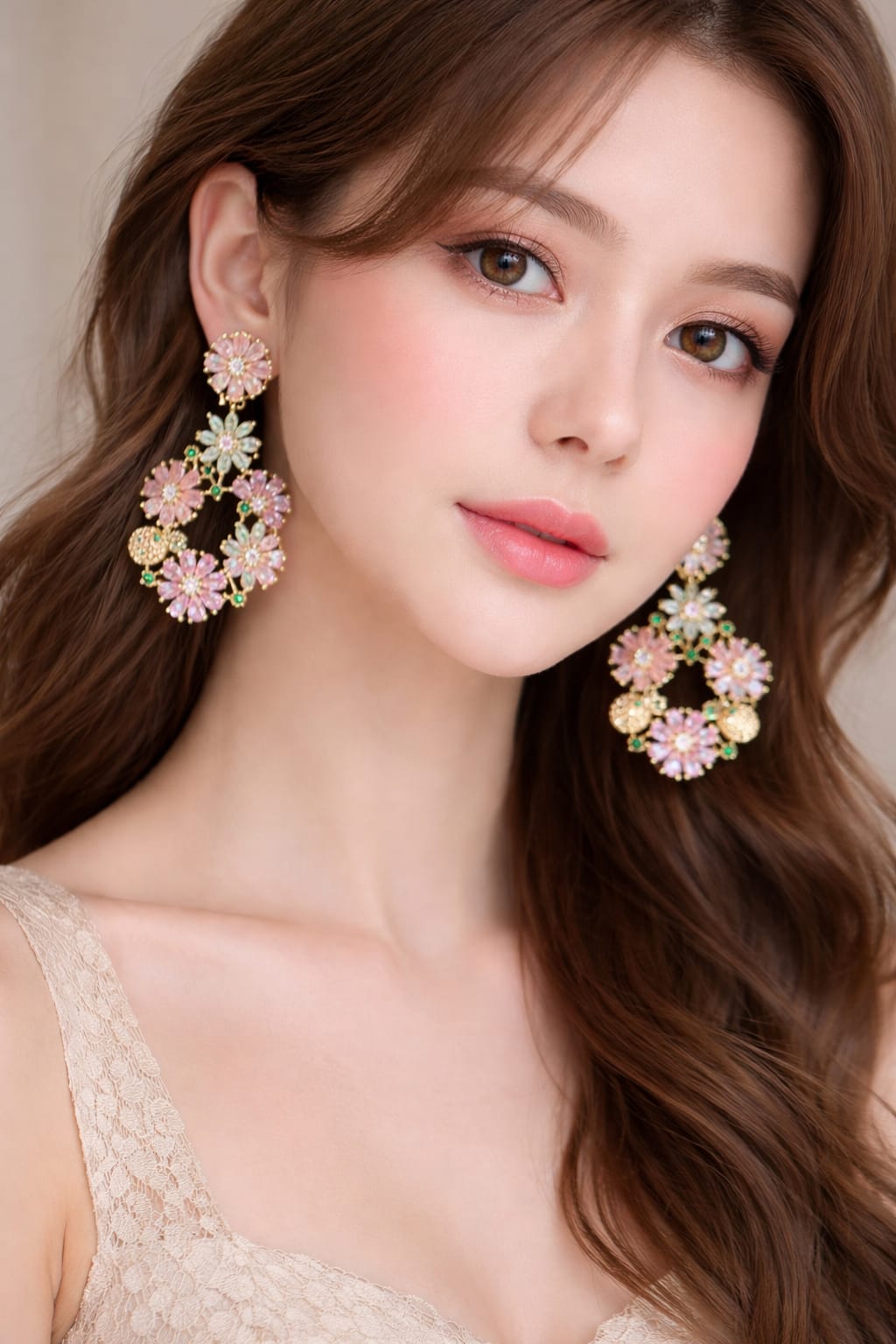 Gold Plated Floral Chandelier Earrings – Pastel Pink & Mint Green Crystal Drop