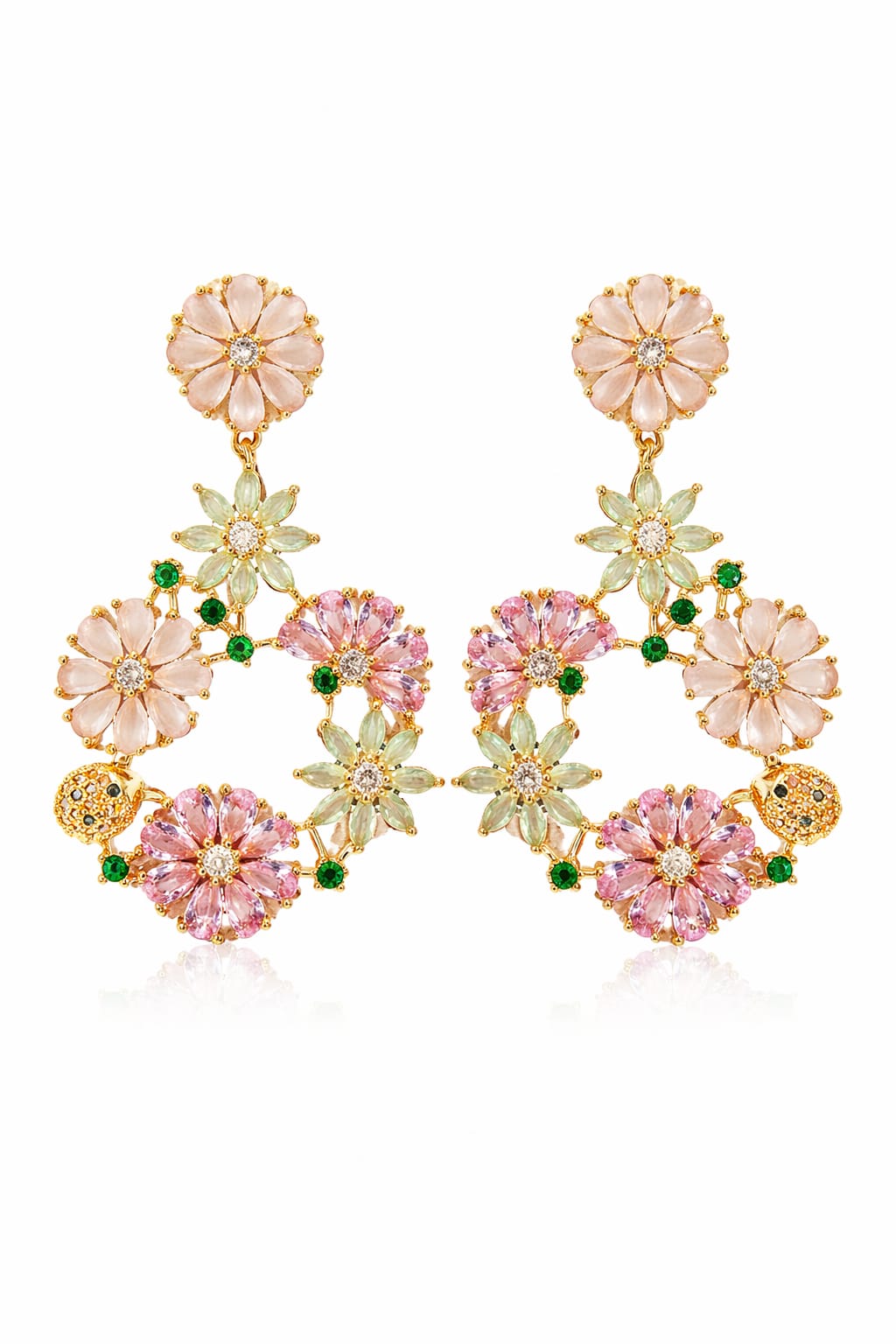Gold Plated Floral Chandelier Earrings – Pastel Pink & Mint Green Crystal Drop