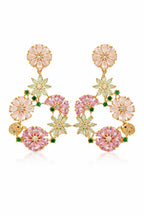 Gold Plated Floral Chandelier Earrings – Pastel Pink & Mint Green Crystal Drop