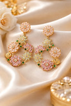 Gold Plated Floral Chandelier Earrings – Pastel Pink & Mint Green Crystal Drop
